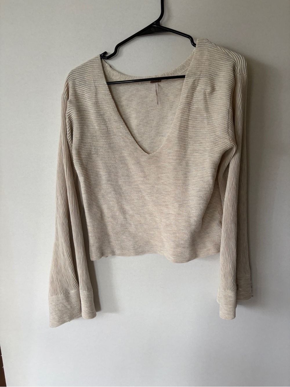 Free People Neutral Ribbed V-Neck Long Sleeve Top